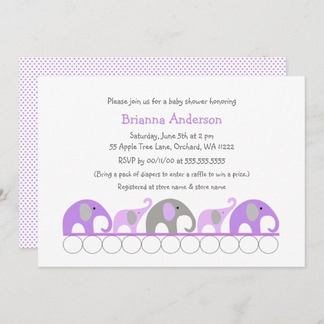 baby shower d'éléphants de lavande / invitations s (Devant / Derrière)