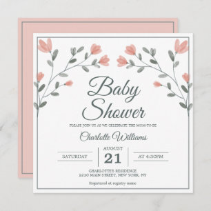 Baby Shower Delicate Flowers Pink & Sage Green Invitation