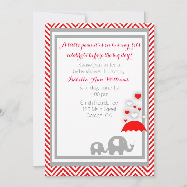 Baby shower des éléphants Invitation - Rouge et Gr (Devant)