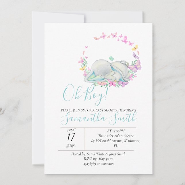 Baby shower des papillons bleu éléphant Invitation (Devant)