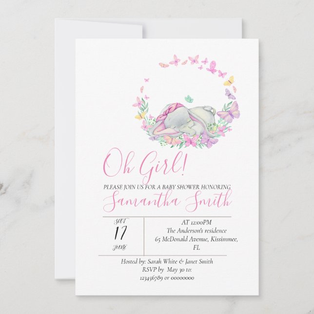 Baby shower des papillons rose éléphant Invitation (Devant)