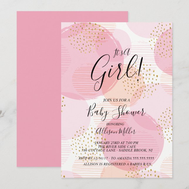 Baby shower des points rose et or Invitation (Devant / Derrière)