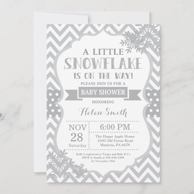 Baby shower d'hiver Invitation Flocon de neige gri (Devant)