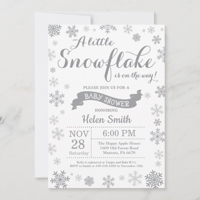 Baby shower d'hiver Invitation Flocon de neige gri (Devant)