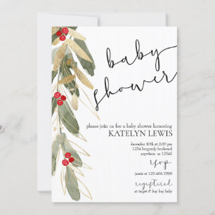 Baby shower d'hiver Invitation Gold Holly