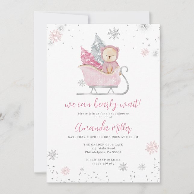 Baby shower d'hiver Ours et invitation rose neige (Devant)