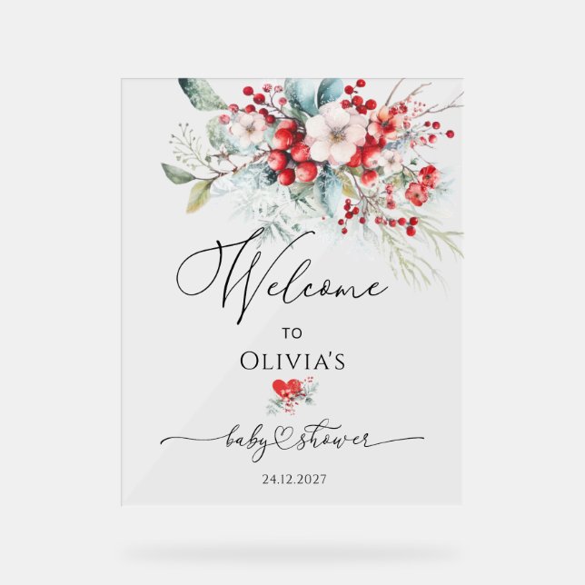 Baby shower d'hiver vert rouge Bienvenue (Recto)