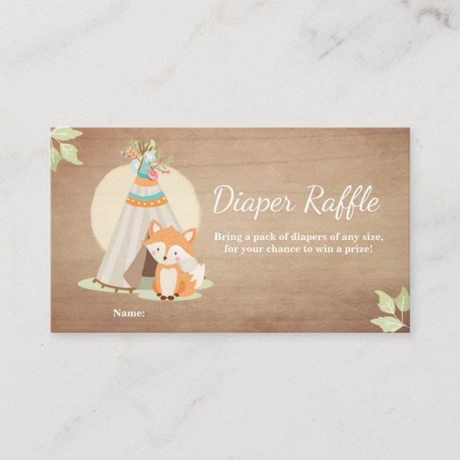 Baby Shower Diaper Raffle Card Fox Teepee Woodland (Front)