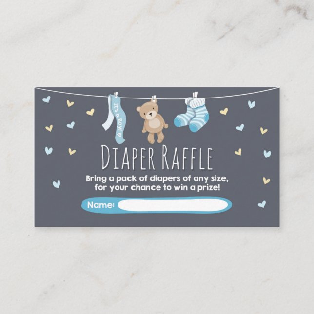 Baby Shower Diaper Raffle Card Teddy Bear Blue (Front)