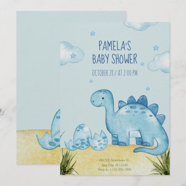 Baby shower Dinosaure Bleu Invitation (Devant / Derrière)