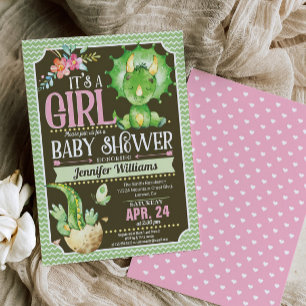 Baby shower Dinosaure Invitation fille, vert et ro