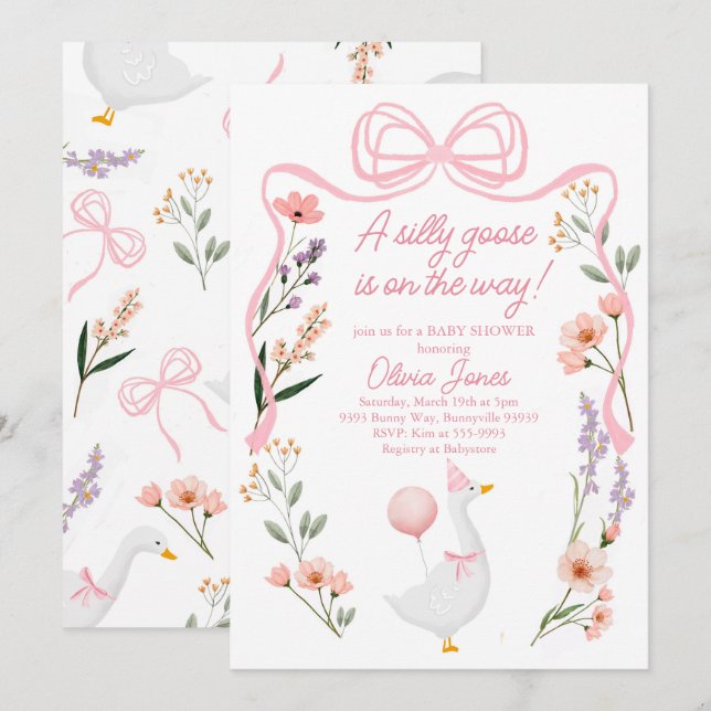 Baby shower d'oie Invitation Pink Girl Invitation (Devant / Derrière)