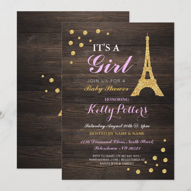 Baby shower d'or Girl Pink Paris Invitation en boi (Devant / Derrière)