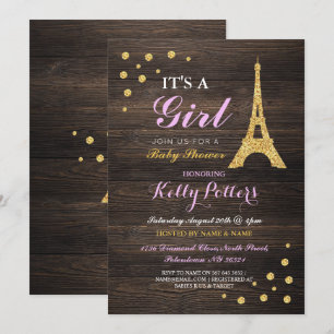 Baby shower d'or Girl Pink Paris Invitation en boi