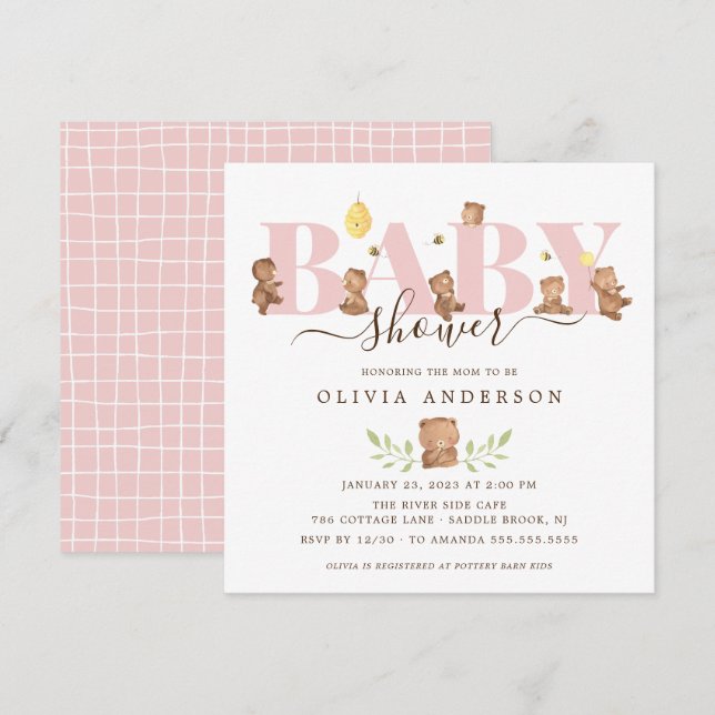 Baby shower d'ours au miel mignon Invitation (Devant / Derrière)