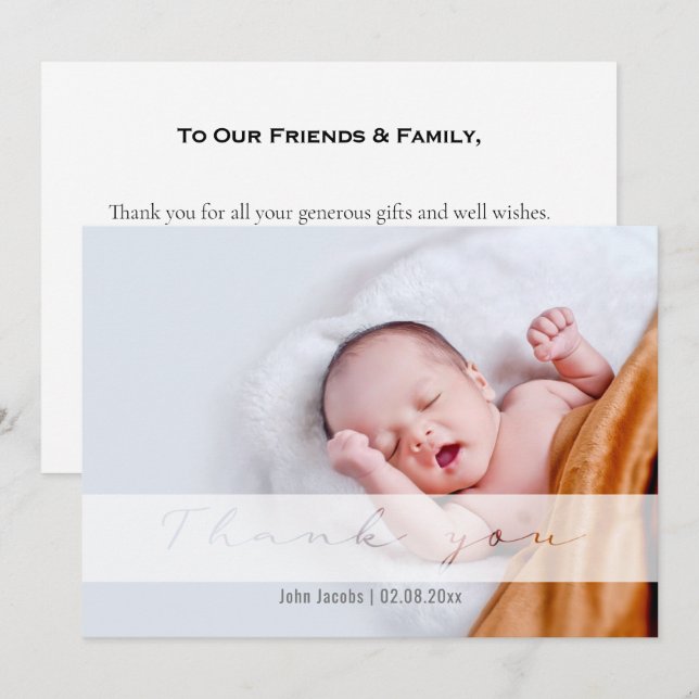Baby shower doux, petit garçon, carte de remerciem (Devant / Derrière)