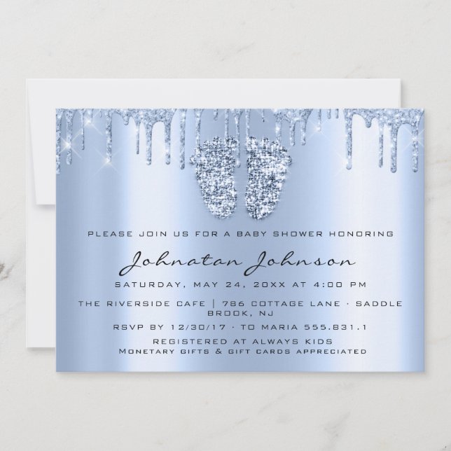 Baby Shower Drips Glitter Blue Feet Blue Boy Girl  Invitation (Front)