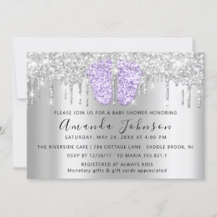 Baby Shower Drips Glitter PurpleFeet Grey Boy Girl Invitation