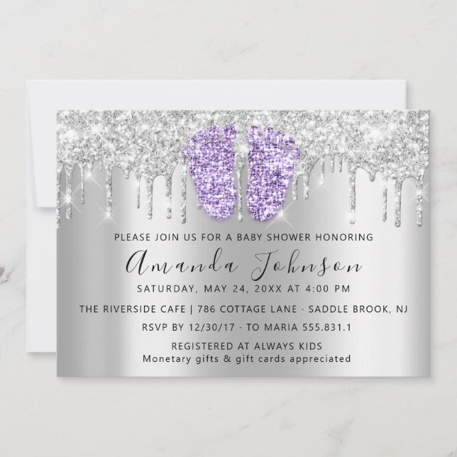 Baby Shower Drips Glitter VioletFeet Grey Boy Girl Invitation (Front)