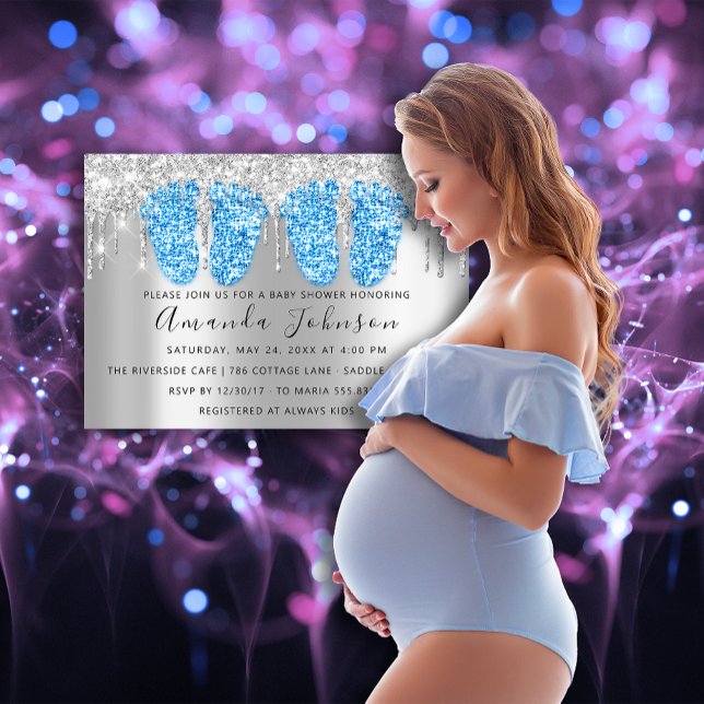 Baby Shower Drips Silver Grey Feet Twins Boys Invitation (Baby Shower Drips Silver Gray Feet Twins Boys Invitation)