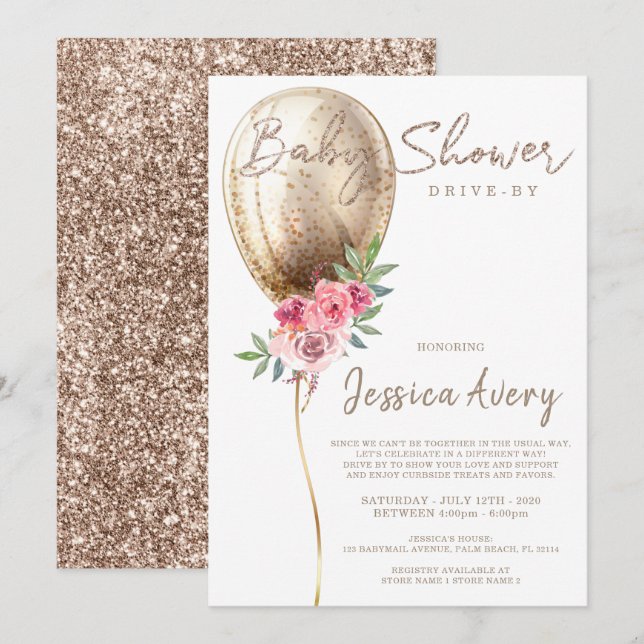 Baby Shower Drive By Luxury Beige Balloon Glitter Invitation (Front/Back)