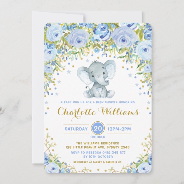 Baby shower du garçon Invitation Blue Boho Floral  (Devant)