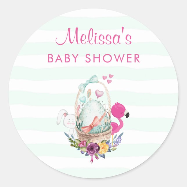 Baby Shower Egg w/ Flamingo & Bunny Classic Round Sticker (Front)
