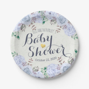 Baby Shower Elegant Chic Blue Watercolor Floral Paper Plate