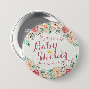 Baby Shower Elegant Chic Pink Watercolor Floral 3 Inch Round Button