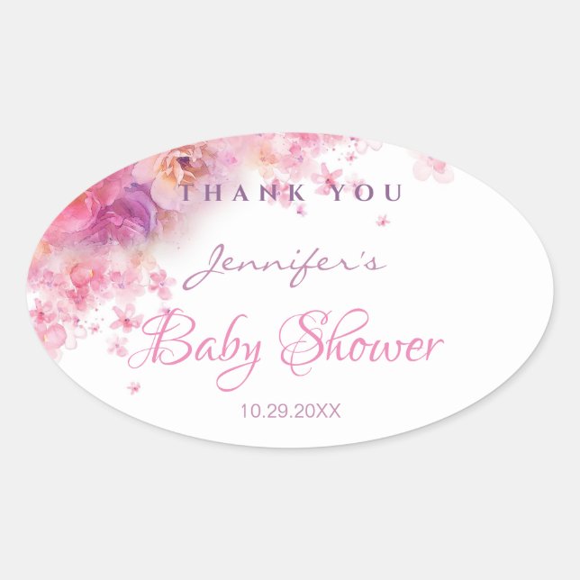 Baby Shower Elegant Handwritten Script Watercolor Oval Sticker (Front)