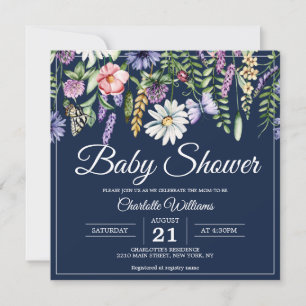 Baby Shower Elegant Wildflowers Navy Blue Floral Invitation