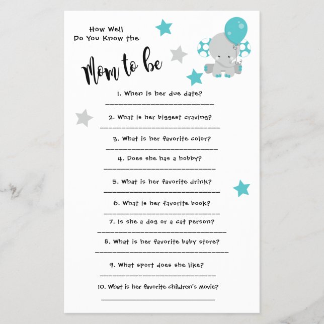 Baby Shower Elephan How well you know the card (Front)