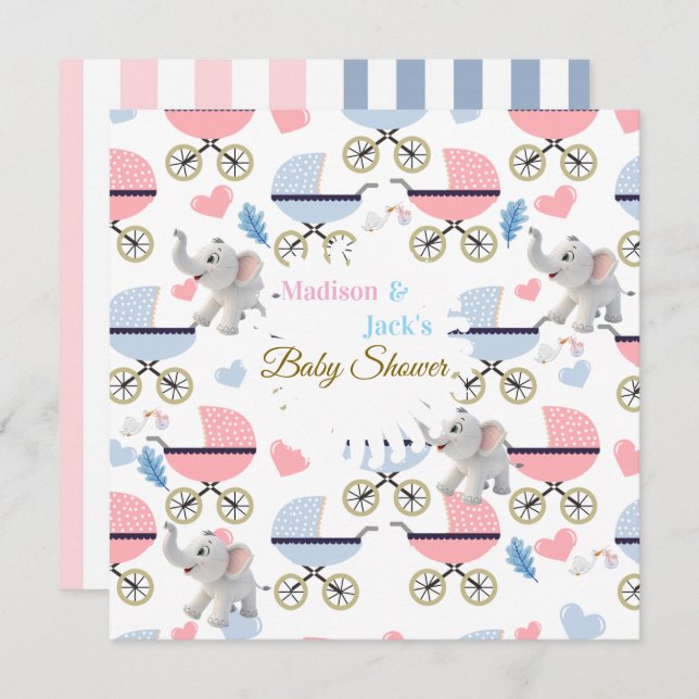 Baby Shower Elephant Baby StrollerCard Invitation  (Front/Back)