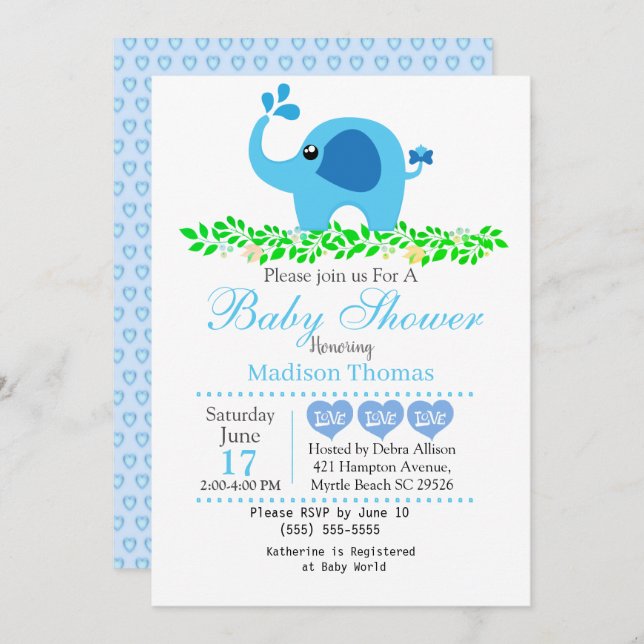 Baby shower Eléphant Bleu Cute Invitation (Devant / Derrière)