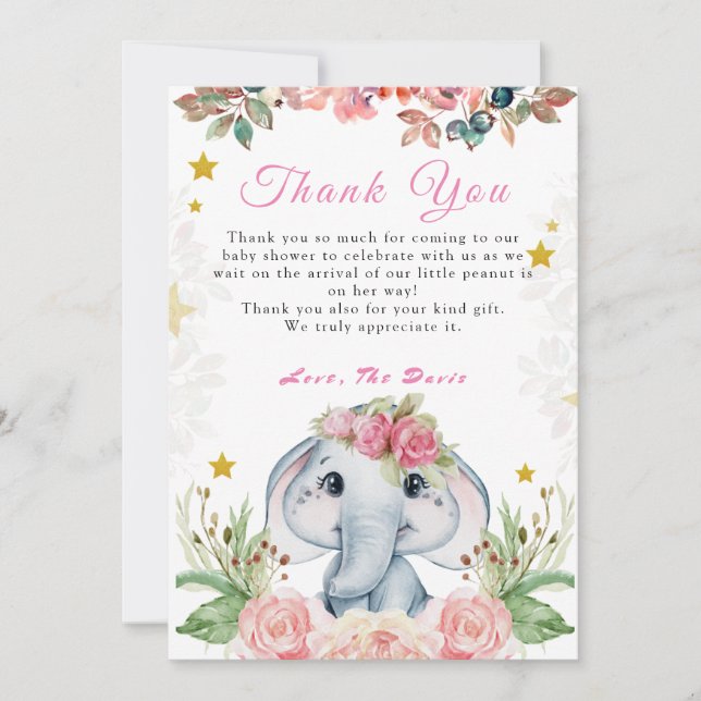 Baby shower éléphant Carte de remerciements rose (Devant)