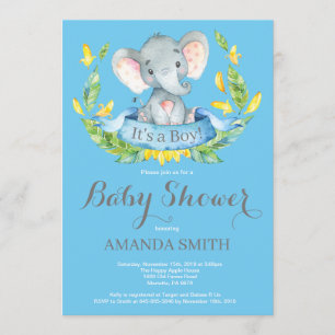 Baby shower éléphant garçon Invitation bleu et gri