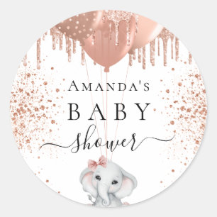 Baby Shower elephant girl rose gold glitter Classic Round Sticker