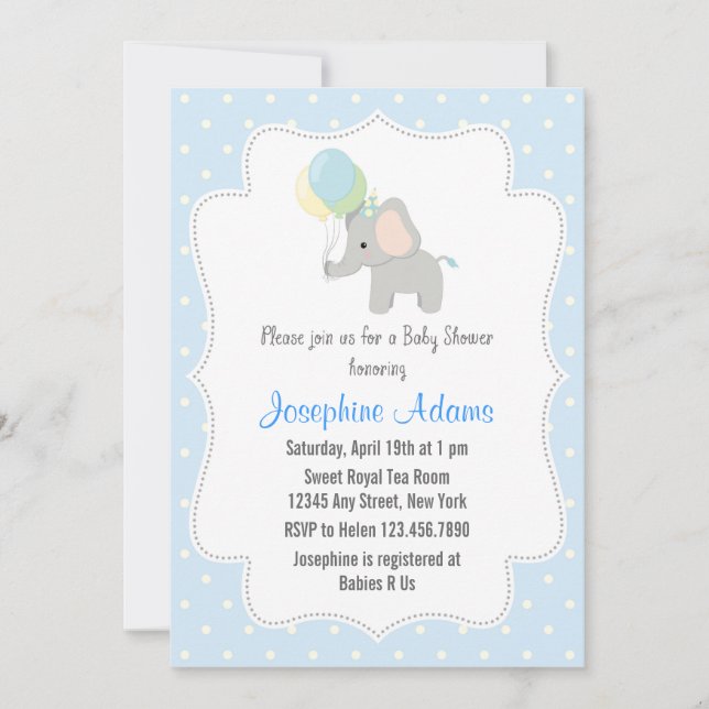 Baby shower éléphant Invitation bleue (Devant)