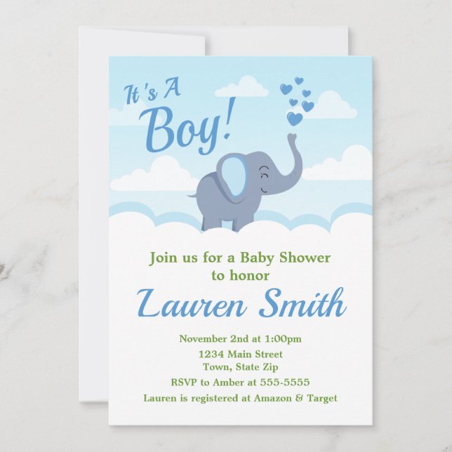 Baby shower éléphant Invitation Blue Elephant Boy (Devant)