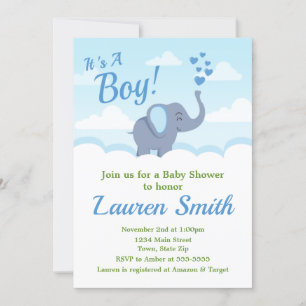 Baby shower éléphant Invitation Blue Elephant Boy