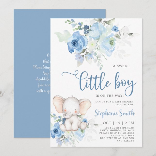 Baby shower éléphant Invitation garçon (Devant / Derrière)