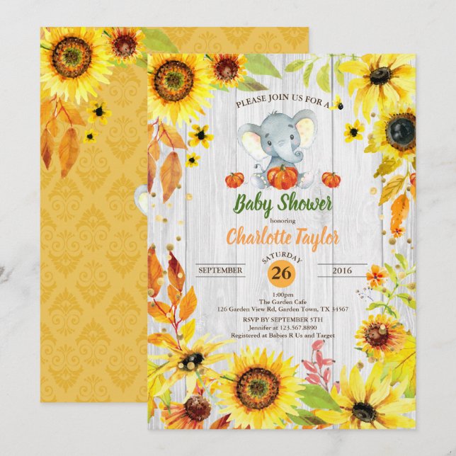 Baby shower éléphant invitation tournesol chute (Devant / Derrière)