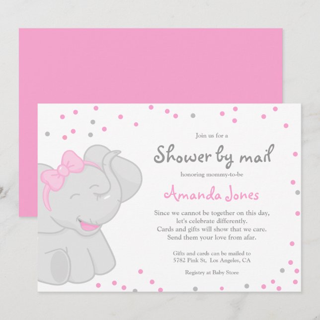 Baby shower Eléphant mignon fille 🎀 🐘 invitation (Devant / Derrière)