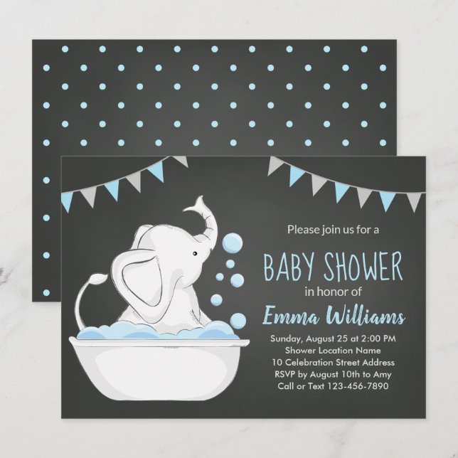 Baby shower Eléphant mignon Invitation pour Garçon (Devant / Derrière)