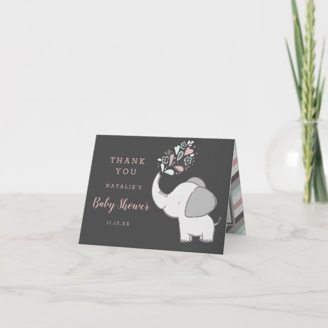 Baby shower éléphant mignon rose et Merci gris (Devant)