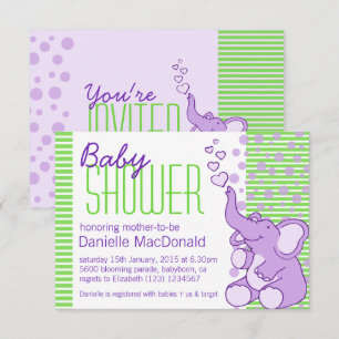 Baby shower Eléphant mou vert violet invitation