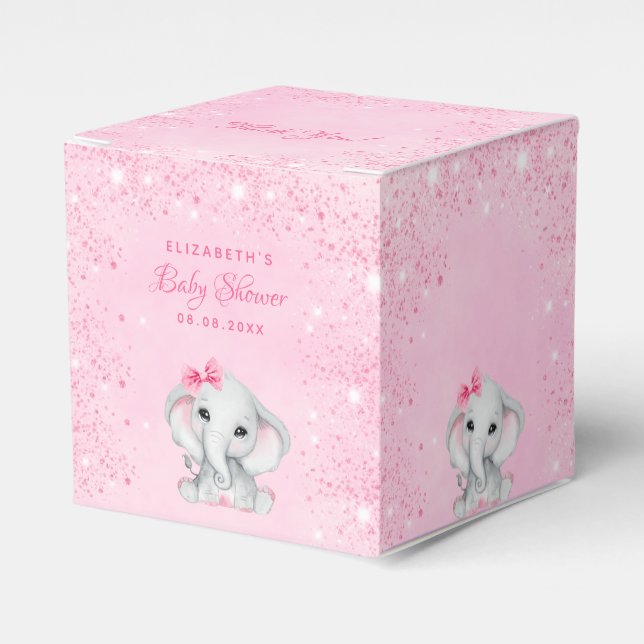 Baby Shower elephant pink glitter girl name Favor Box (Front Side)