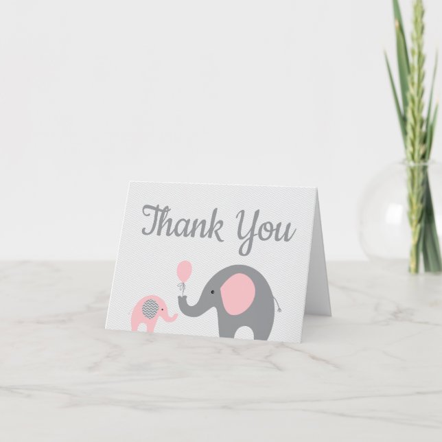 Baby shower Eléphant rose Carte de remerciements p (Devant)