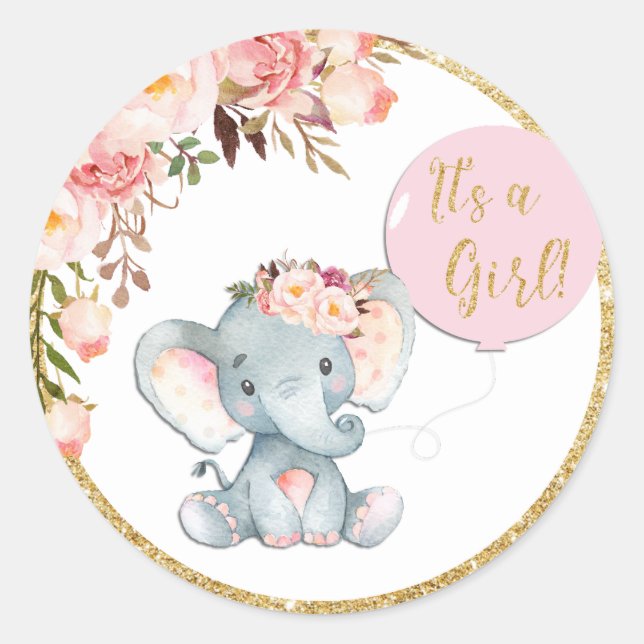 Baby shower Eléphant rose Favoriser Sticker Étique (Devant)