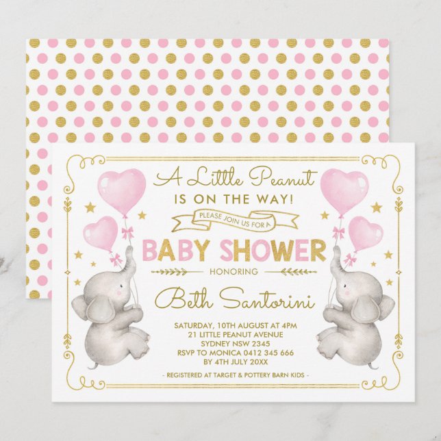 Baby shower Eléphant rose fille Jungle Invitation (Devant / Derrière)